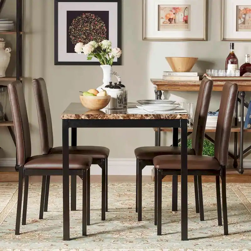 Ensemble de salle à manger 5 pièces en métal avec plateau imitation marbre et chaises rembourrées