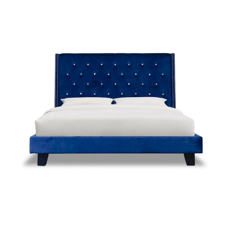 Lit plateforme capitonné en velours bleu - Meuble de chambre moderne rembourré