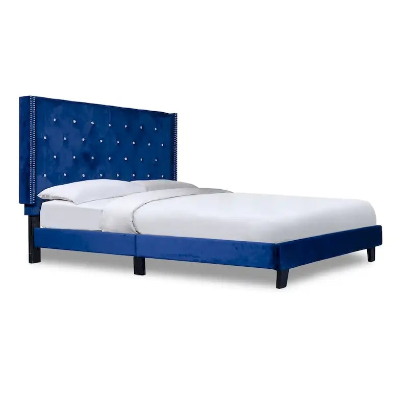 Lit plateforme capitonné en velours bleu - Meuble de chambre moderne rembourré