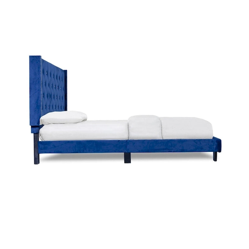 Lit plateforme capitonné en velours bleu - Meuble de chambre moderne rembourré