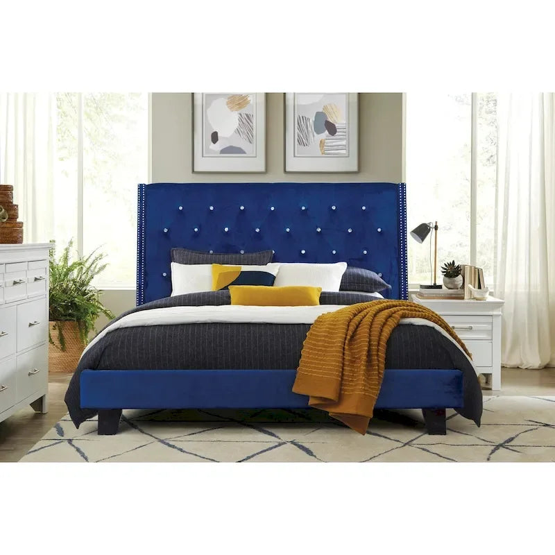 Lit plateforme capitonné en velours bleu - Meuble de chambre moderne rembourré