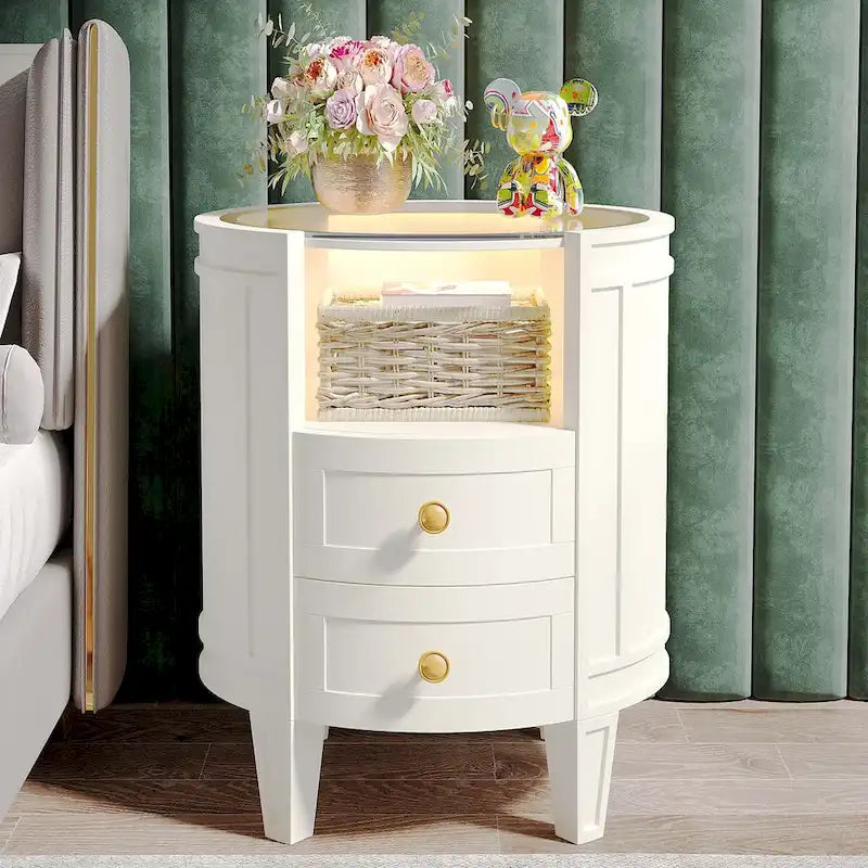 Table de chevet ronde de 64,7 cm de hauteur avec 2 tiroirs, éclairage LED et étagère ouverte pour chambre à coucher ou à côté du canapé