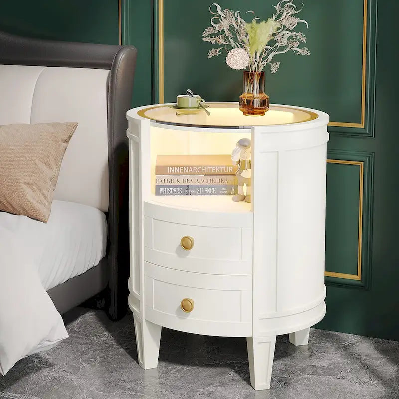 Table de chevet ronde de 64,7 cm de hauteur avec 2 tiroirs, éclairage LED et étagère ouverte pour chambre à coucher ou à côté du canapé