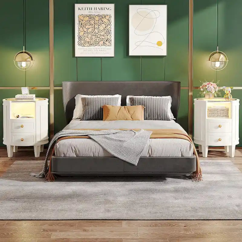 Table de chevet ronde de 64,7 cm de hauteur avec 2 tiroirs, éclairage LED et étagère ouverte pour chambre à coucher ou à côté du canapé