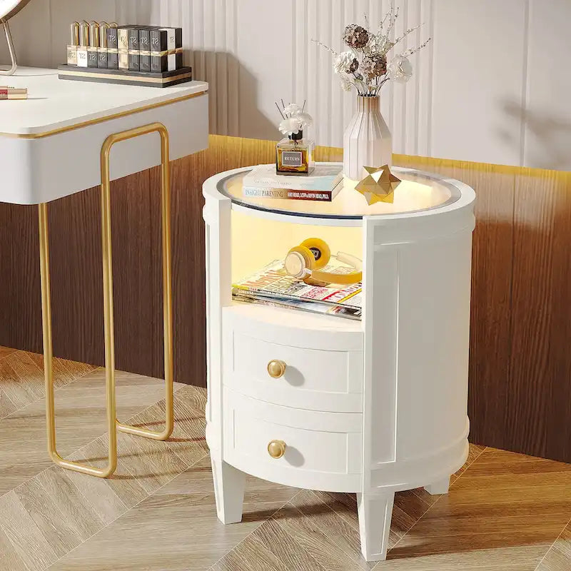 Table de chevet ronde de 64,7 cm de hauteur avec 2 tiroirs, éclairage LED et étagère ouverte pour chambre à coucher ou à côté du canapé