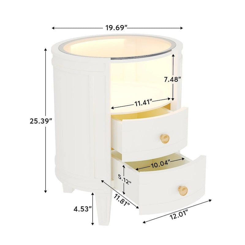 Table de chevet ronde de 64,7 cm de hauteur avec 2 tiroirs, éclairage LED et étagère ouverte pour chambre à coucher ou à côté du canapé
