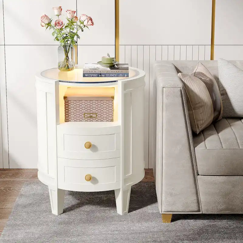 Table de chevet ronde de 64,7 cm de hauteur avec 2 tiroirs, éclairage LED et étagère ouverte pour chambre à coucher ou à côté du canapé