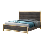 Ensemble de chambre à coucher 3 pièces en panneaux rustiques brun foncé - Lit, commode et table de chevet