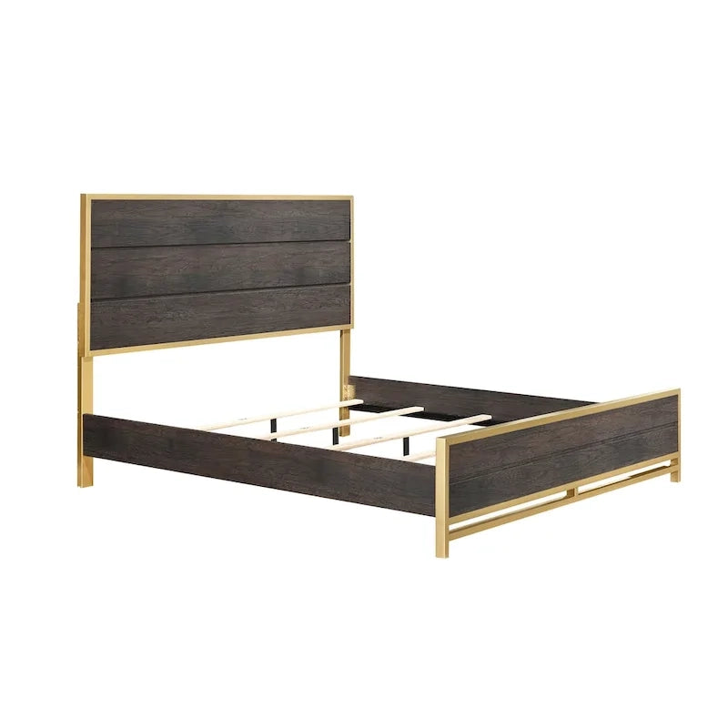 Ensemble de chambre à coucher 3 pièces en panneaux rustiques brun foncé - Lit, commode et table de chevet