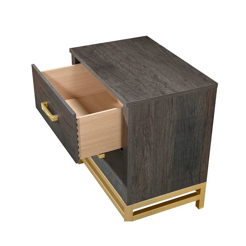 Ensemble de chambre à coucher 3 pièces en panneaux rustiques brun foncé - Lit, commode et table de chevet