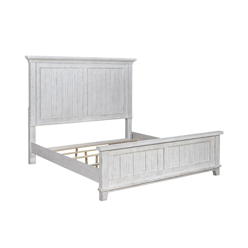 Chambre à coucher 4 pièces blanc et tabac – Lit à panneaux, commode, miroir et table de nuit
