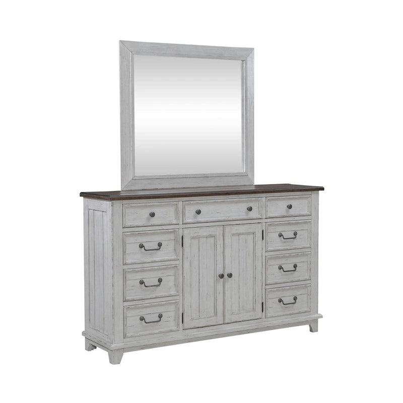 Chambre à coucher 4 pièces blanc et tabac – Lit à panneaux, commode, miroir et table de nuit