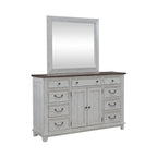 Chambre à coucher 4 pièces blanc et tabac – Lit à panneaux, commode, miroir et table de nuit
