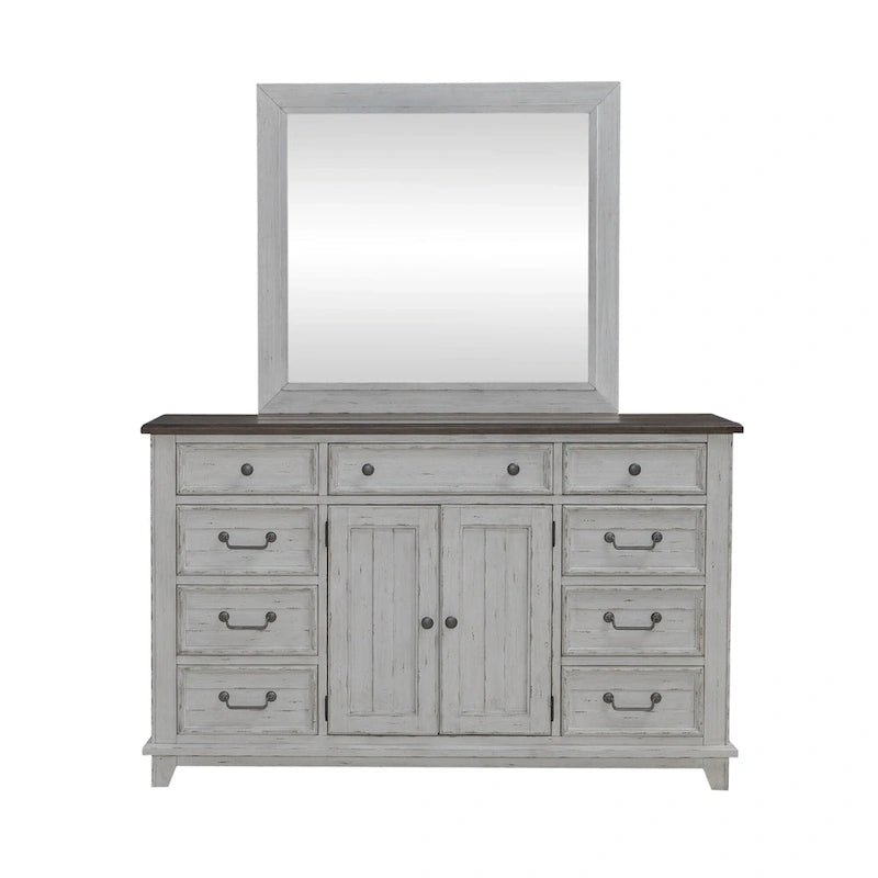 Chambre à coucher 4 pièces blanc et tabac – Lit à panneaux, commode, miroir et table de nuit