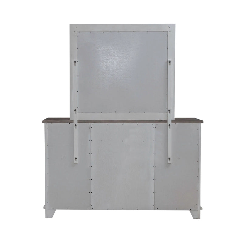 Chambre à coucher 4 pièces blanc et tabac – Lit à panneaux, commode, miroir et table de nuit