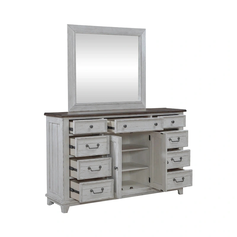Chambre à coucher 4 pièces blanc et tabac – Lit à panneaux, commode, miroir et table de nuit
