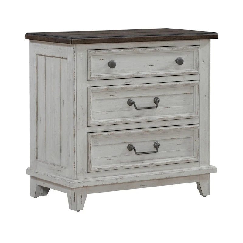 Chambre à coucher 4 pièces blanc et tabac – Lit à panneaux, commode, miroir et table de nuit