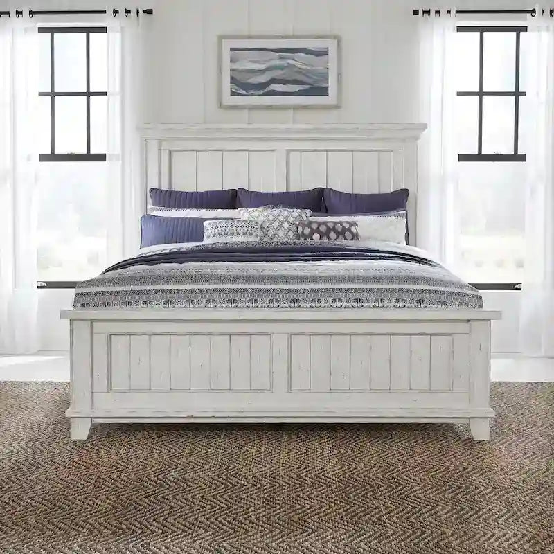 Chambre à coucher 4 pièces blanc et tabac – Lit à panneaux, commode, miroir et table de nuit