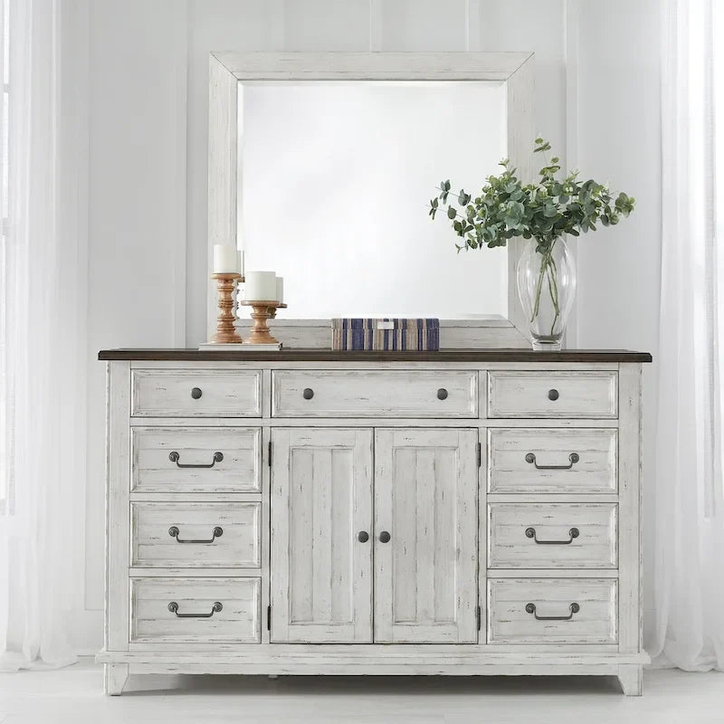 Chambre à coucher 4 pièces blanc et tabac – Lit à panneaux, commode, miroir et table de nuit