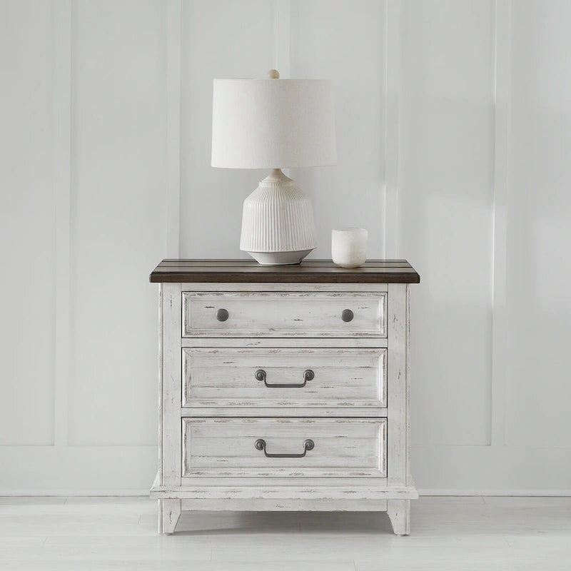 Chambre à coucher 4 pièces blanc et tabac – Lit à panneaux, commode, miroir et table de nuit