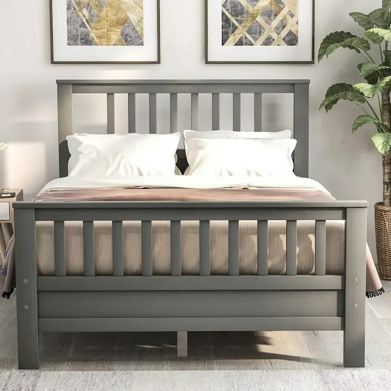 Lit plateforme en bois massif avec tête et pied de lit à panneaux – Aucun sommier tapissier requis, simple/double