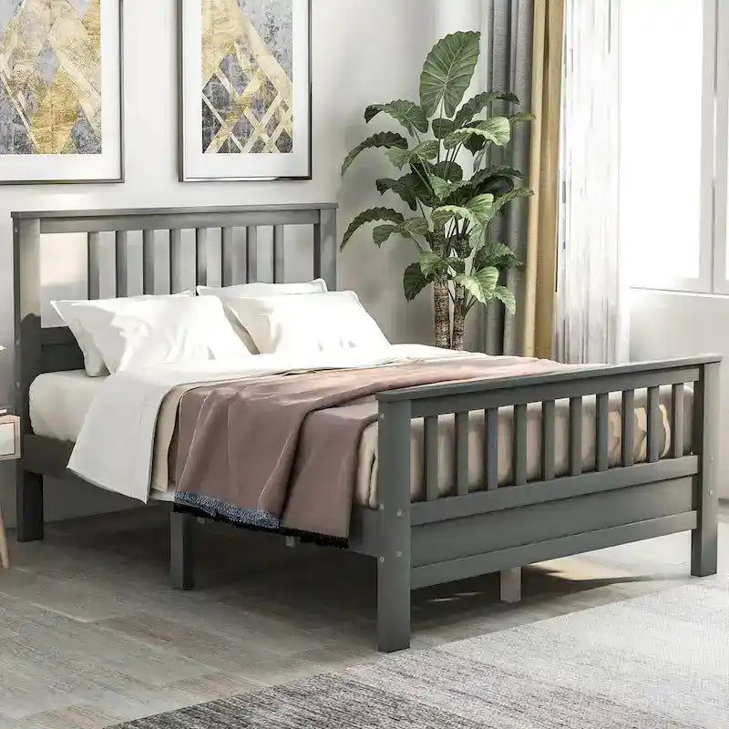 Lit plateforme en bois massif avec tête et pied de lit à panneaux – Aucun sommier tapissier requis, simple/double