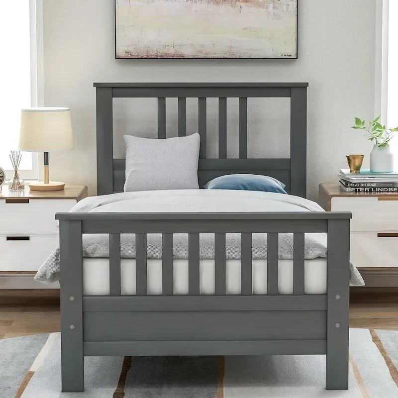 Lit plateforme en bois massif avec tête et pied de lit à panneaux – Aucun sommier tapissier requis, simple/double