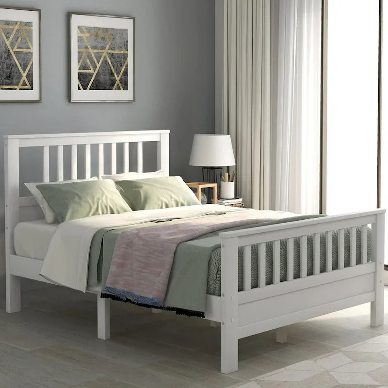 Lit plateforme en bois massif avec tête et pied de lit à panneaux – Aucun sommier tapissier requis, simple/double