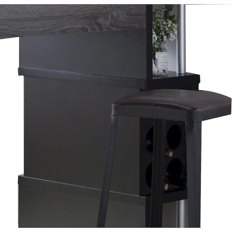Table de bar en bois de style transitionnel avec étagères latérales à 3 niveaux, grise