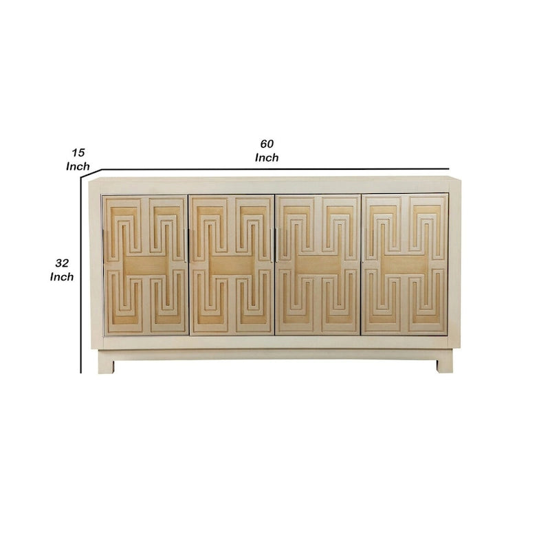 Console buffet rustique 4 portes de 60 pouces, motif frontal doré et blanc