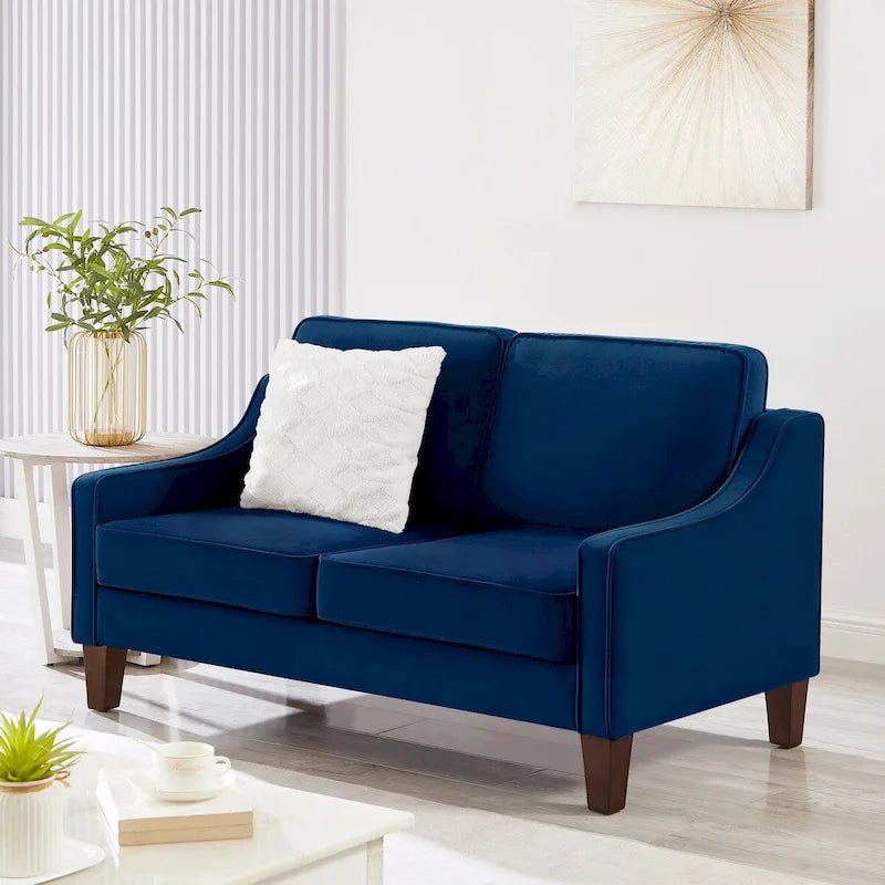 Canapé deux places moderne en velours – accoudoirs carrés, cadre en bois d'hévéa, 2 places, 130,8 cm L