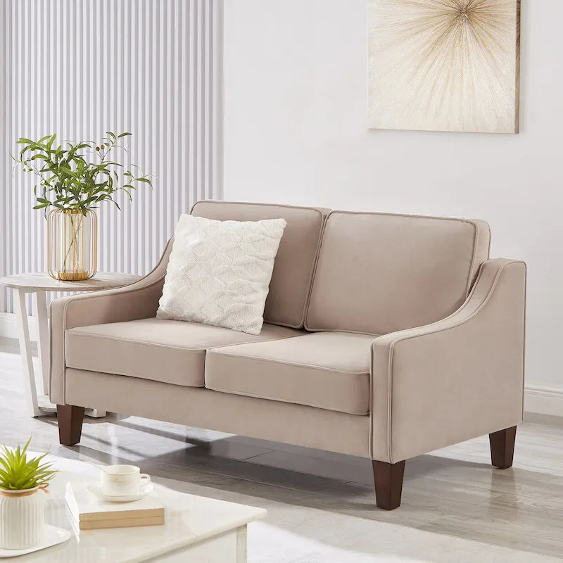 Canapé deux places moderne en velours – accoudoirs carrés, cadre en bois d'hévéa, 2 places, 130,8 cm L