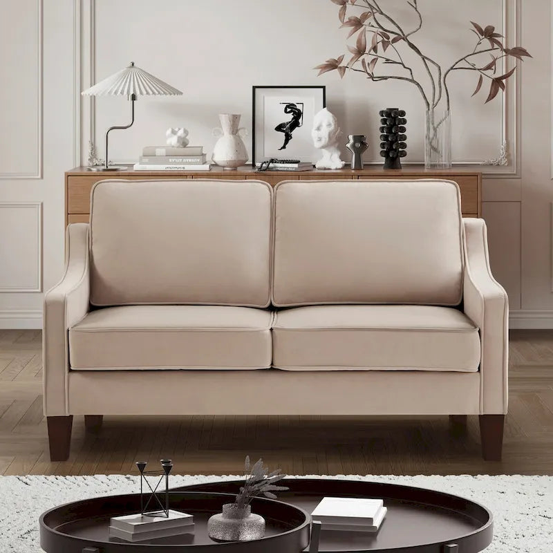 Canapé deux places moderne en velours – accoudoirs carrés, cadre en bois d'hévéa, 2 places, 130,8 cm L