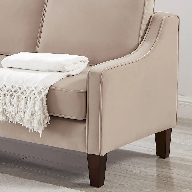 Canapé deux places moderne en velours – accoudoirs carrés, cadre en bois d'hévéa, 2 places, 130,8 cm L