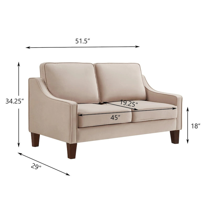 Canapé deux places moderne en velours – accoudoirs carrés, cadre en bois d'hévéa, 2 places, 130,8 cm L