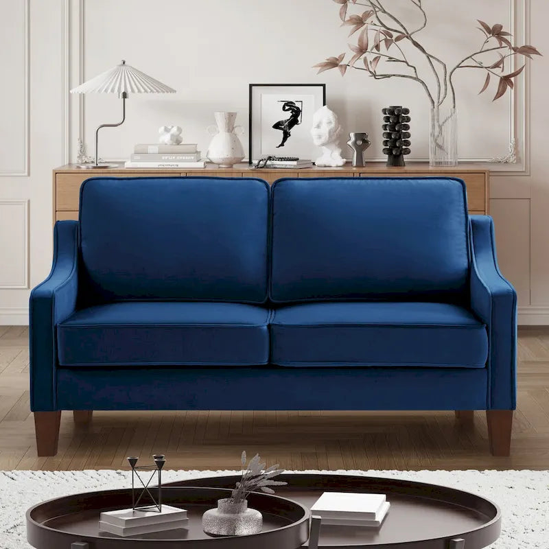 Canapé deux places moderne en velours – accoudoirs carrés, cadre en bois d'hévéa, 2 places, 130,8 cm L