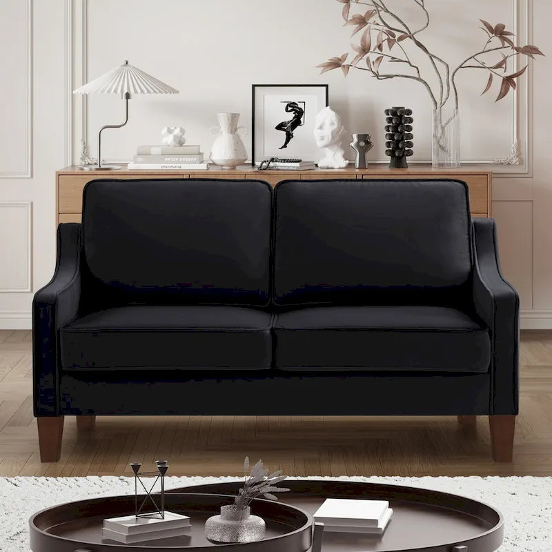 Canapé deux places moderne en velours – accoudoirs carrés, cadre en bois d'hévéa, 2 places, 130,8 cm L