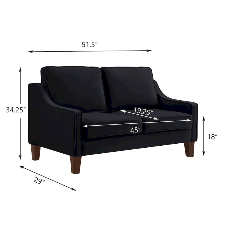 Canapé deux places moderne en velours – accoudoirs carrés, cadre en bois d'hévéa, 2 places, 130,8 cm L