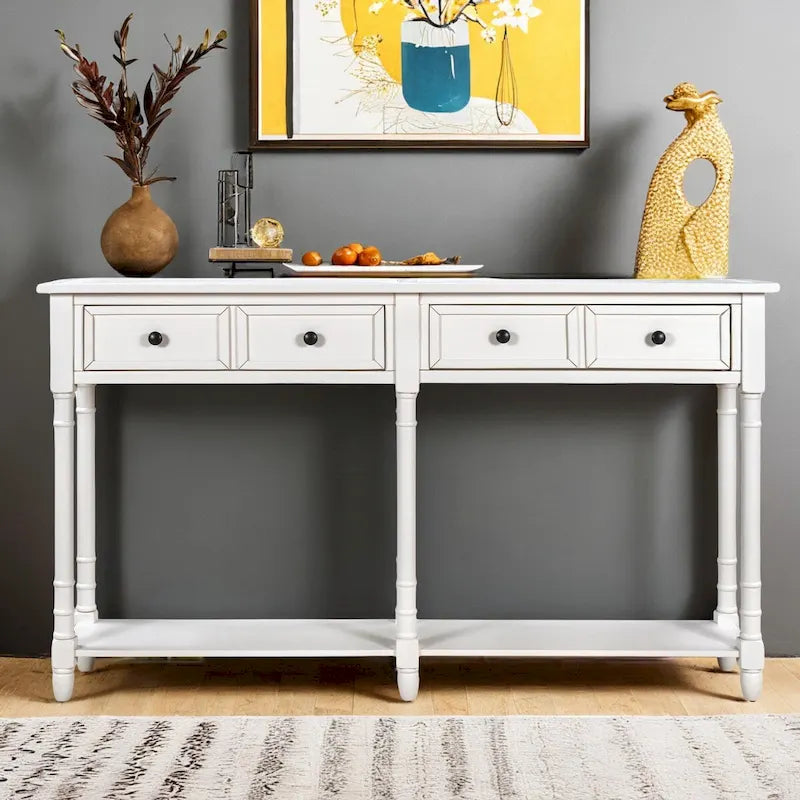 Console de canapé en bois de pin et MDF, assemblage facile avec deux tiroirs de rangement et une étagère inférieure pour salon, entrée