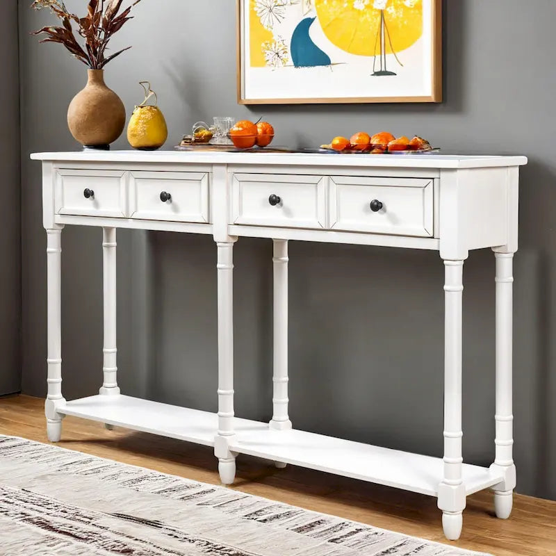 Console de canapé en bois de pin et MDF, assemblage facile avec deux tiroirs de rangement et une étagère inférieure pour salon, entrée