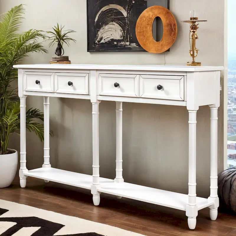 Console de canapé en bois de pin et MDF, assemblage facile avec deux tiroirs de rangement et une étagère inférieure pour salon, entrée
