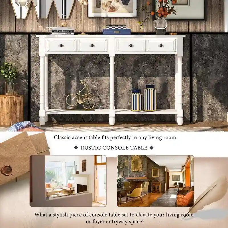 Console de canapé en bois de pin et MDF, assemblage facile avec deux tiroirs de rangement et une étagère inférieure pour salon, entrée