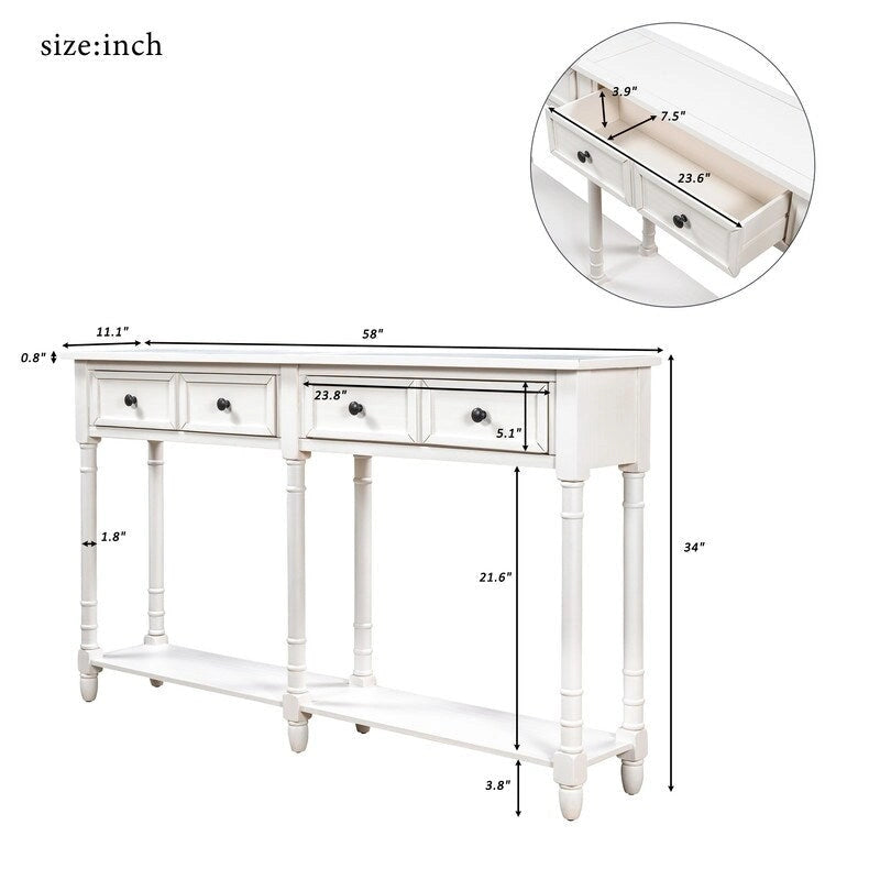 Console de canapé en bois de pin et MDF, assemblage facile avec deux tiroirs de rangement et une étagère inférieure pour salon, entrée