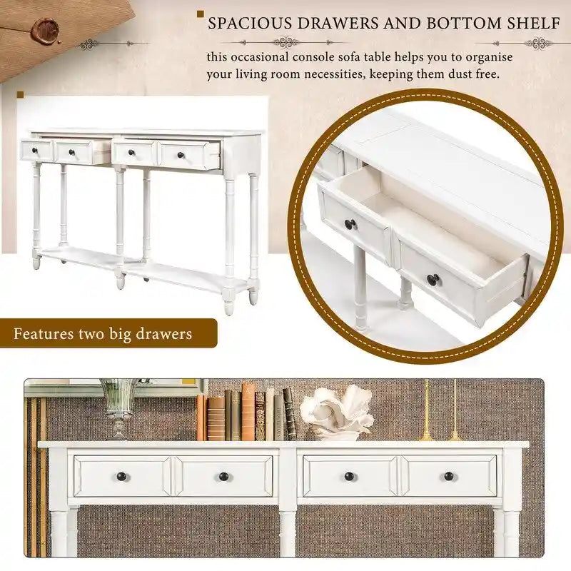 Console de canapé en bois de pin et MDF, assemblage facile avec deux tiroirs de rangement et une étagère inférieure pour salon, entrée