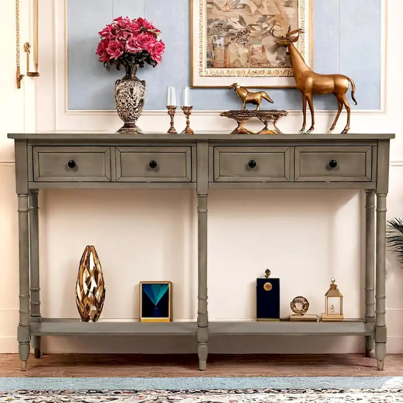 Console de canapé en bois de pin et MDF, assemblage facile avec deux tiroirs de rangement et une étagère inférieure pour salon, entrée