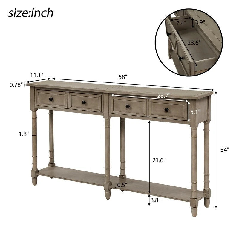 Console de canapé en bois de pin et MDF, assemblage facile avec deux tiroirs de rangement et une étagère inférieure pour salon, entrée