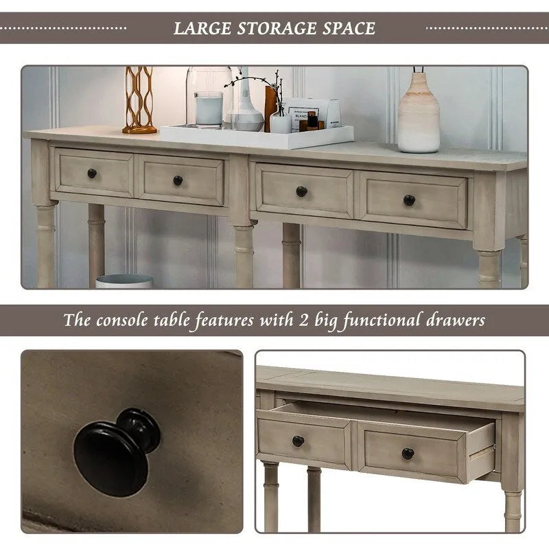 Console de canapé en bois de pin et MDF, assemblage facile avec deux tiroirs de rangement et une étagère inférieure pour salon, entrée