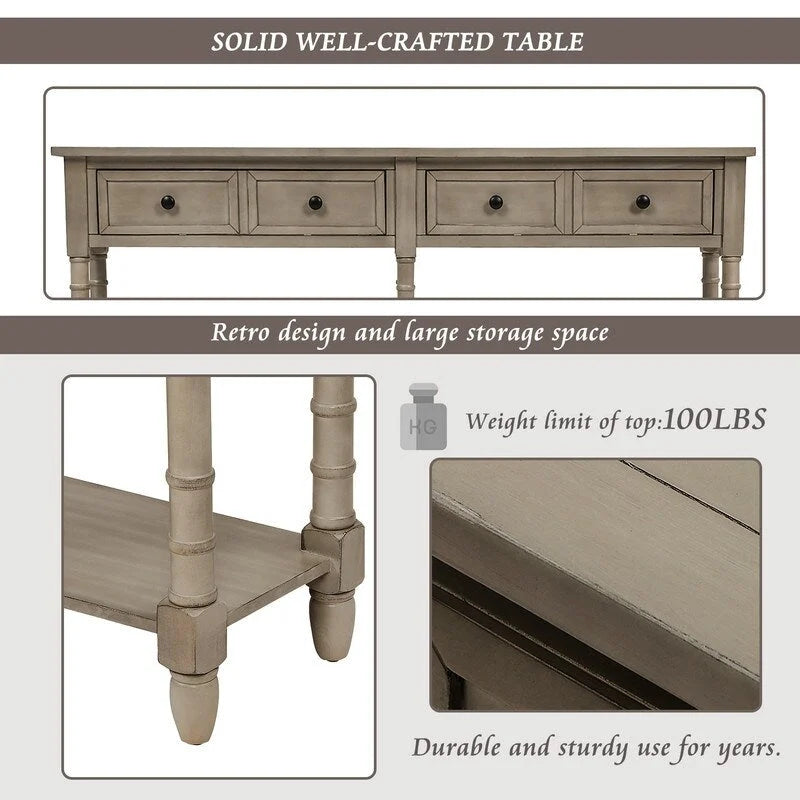 Console de canapé en bois de pin et MDF, assemblage facile avec deux tiroirs de rangement et une étagère inférieure pour salon, entrée