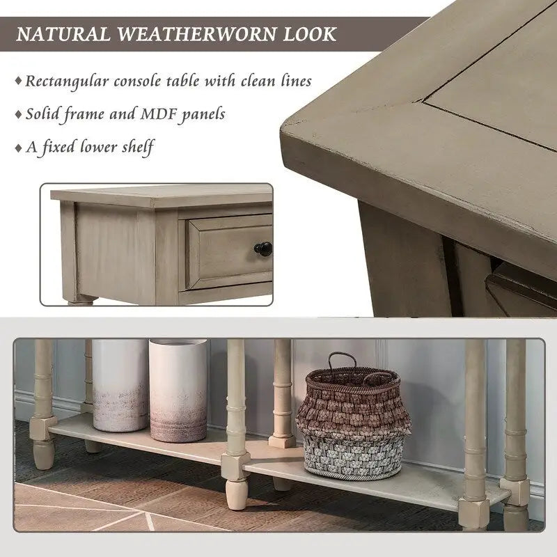 Console de canapé en bois de pin et MDF, assemblage facile avec deux tiroirs de rangement et une étagère inférieure pour salon, entrée