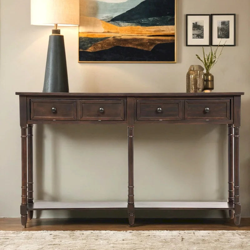 Console de canapé en bois de pin et MDF, assemblage facile avec deux tiroirs de rangement et une étagère inférieure pour salon, entrée